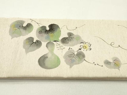平和屋着物●ワンタッチ つけ帯 手描き 紬地 瓢箪 蔦の葉花文 亜麻色 やまと誂製 箱付き 正絹 逸品 未使用 DAAY0183ob