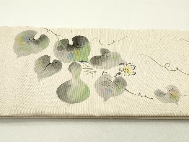平和屋着物●ワンタッチ つけ帯 手描き 紬地 瓢箪 蔦の葉花文 亜麻色 やまと誂製 箱付き 正絹 逸品 未使用 DAAY0183ob