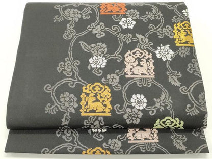平和屋着物●九寸開き名古屋帯 名物裂 花兎 黒地 正絹 逸品 DAAY0194ob