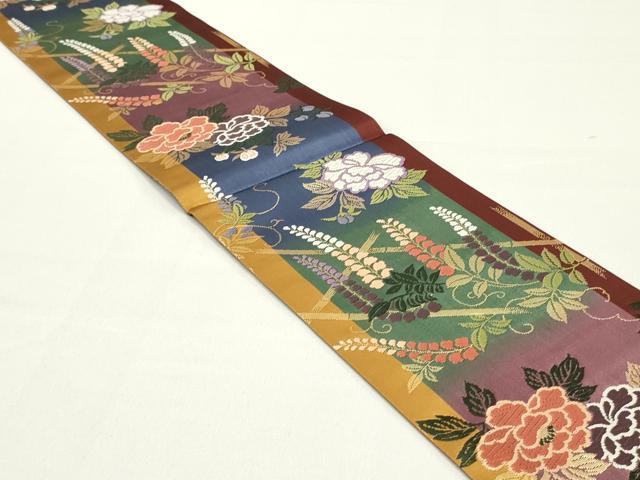 平和屋着物●両面 半幅帯 唐織 籬草花文 金糸 正絹 逸品 未使用 DAAY0196ob