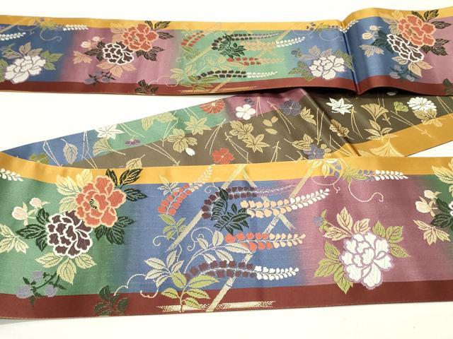 平和屋着物●両面 半幅帯 唐織 籬草花文 金糸 正絹 逸品 未使用 DAAY0196ob