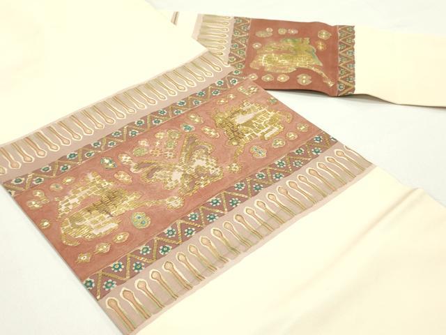 平和屋着物●塩瀬 九寸名古屋帯 花蝶横段文 肌色 金彩 正絹 逸品 DAAY0226ob