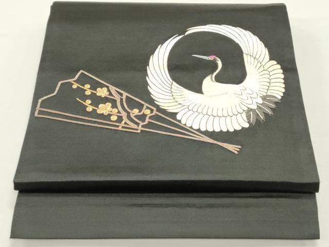 平和屋着物●アンティーク 大正ロマン 丸帯 駒刺繍 総刺繍 檜扇鶴文 黒地 正絹 逸品 DAAY0234ob