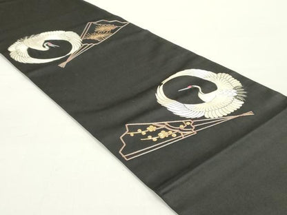 平和屋着物●アンティーク 大正ロマン 丸帯 駒刺繍 総刺繍 檜扇鶴文 黒地 正絹 逸品 DAAY0234ob