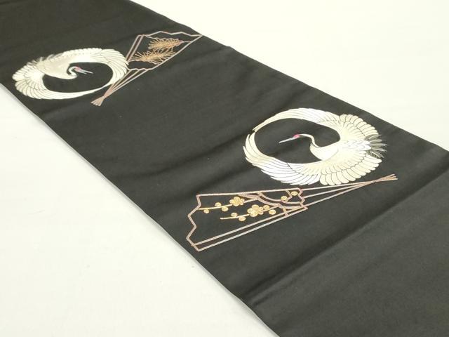 平和屋着物●アンティーク 大正ロマン 丸帯 駒刺繍 総刺繍 檜扇鶴文 黒地 正絹 逸品 DAAY0234ob
