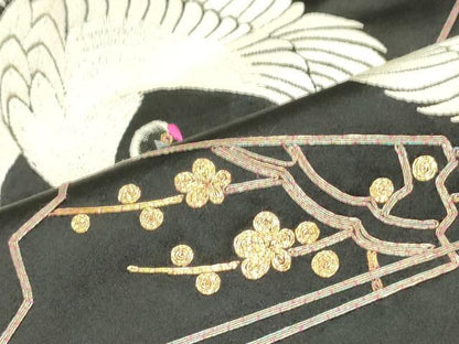 平和屋着物●アンティーク 大正ロマン 丸帯 駒刺繍 総刺繍 檜扇鶴文 黒地 正絹 逸品 DAAY0234ob