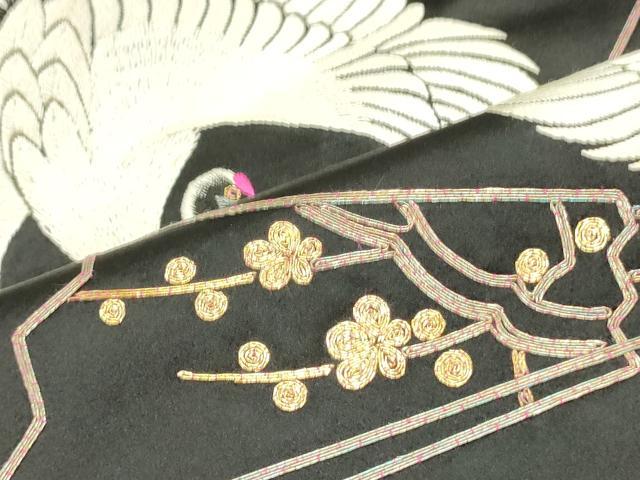 平和屋着物●アンティーク 大正ロマン 丸帯 駒刺繍 総刺繍 檜扇鶴文 黒地 正絹 逸品 DAAY0234ob