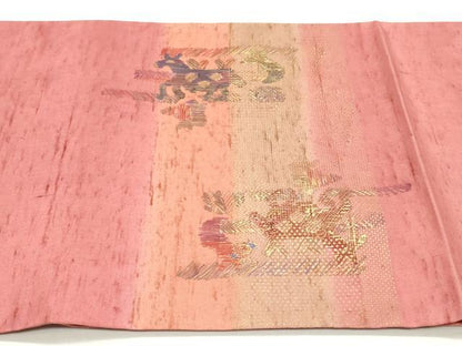 平和屋着物●太鼓柄袋帯 紬地 横段鳥獣草花文 金彩 正絹 逸品 未使用 DAAY0251ob