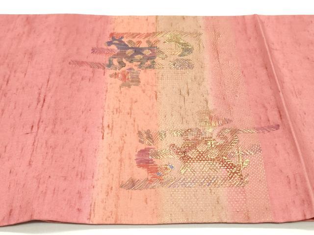 平和屋着物●太鼓柄袋帯 紬地 横段鳥獣草花文 金彩 正絹 逸品 未使用 DAAY0251ob