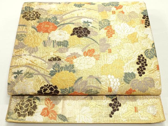 平和屋着物▽六通柄袋帯 スリーシーズン 春夏秋 唐織 葡萄蔦の葉花文 金糸 正絹 逸品 未使用 DAAY0272ob