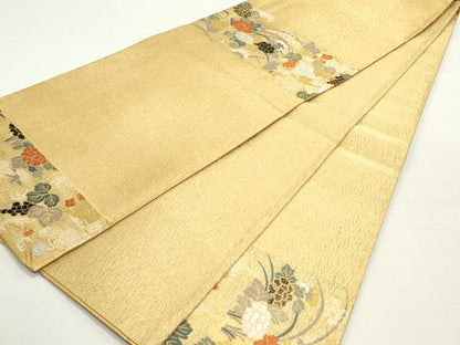 平和屋着物▽六通柄袋帯 スリーシーズン 春夏秋 唐織 葡萄蔦の葉花文 金糸 正絹 逸品 未使用 DAAY0272ob