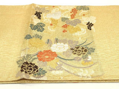 平和屋着物▽六通柄袋帯 スリーシーズン 春夏秋 唐織 葡萄蔦の葉花文 金糸 正絹 逸品 未使用 DAAY0272ob