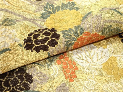 平和屋着物▽六通柄袋帯 スリーシーズン 春夏秋 唐織 葡萄蔦の葉花文 金糸 正絹 逸品 未使用 DAAY0272ob