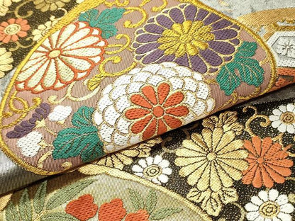平和屋着物●六通柄袋帯　唐織　作家物　錦雅四季花文　金糸　引箔　正絹　逸品　DAAY0278ob