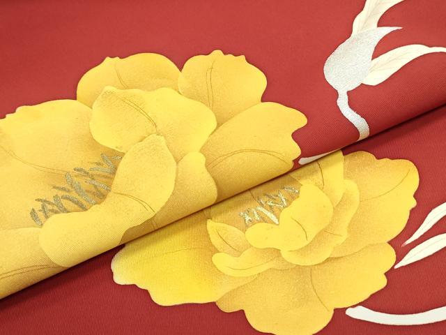 平和屋着物●塩瀬　九寸名古屋帯　手描き　草花文　朱・緋色　金銀彩　正絹　逸品　DAAY0280ob