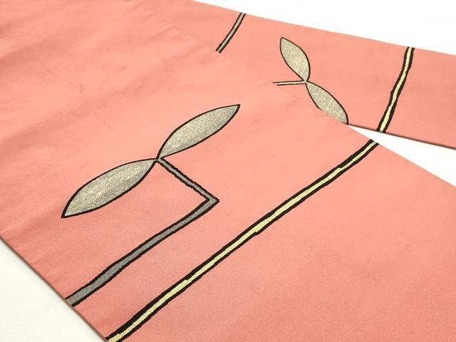 平和屋着物●爪掻き本綴れ　八寸名古屋帯　横段枝葉文　甚三紅色　金銀糸　正絹　逸品　DAAY0313ob