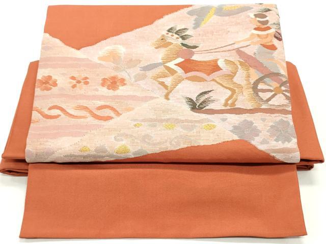 平和屋着物●ワンタッチつけ帯 すくい織 壁画文様 樺色 金糸 正絹 逸品 DAAY0316ob