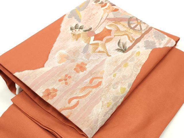 平和屋着物●ワンタッチつけ帯 すくい織 壁画文様 樺色 金糸 正絹 逸品 DAAY0316ob
