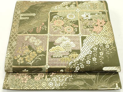 平和屋着物●六通柄袋帯 唐織 変わり市松亀甲花松文 金糸 正絹 逸品 DAAY0344ob
