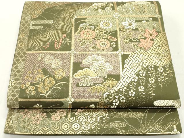 平和屋着物●六通柄袋帯 唐織 変わり市松亀甲花松文 金糸 正絹 逸品 DAAY0344ob