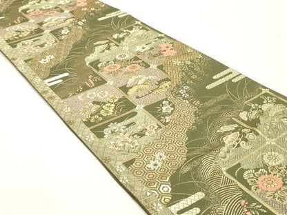 平和屋着物●六通柄袋帯 唐織 変わり市松亀甲花松文 金糸 正絹 逸品 DAAY0344ob