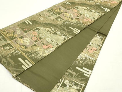 平和屋着物●六通柄袋帯 唐織 変わり市松亀甲花松文 金糸 正絹 逸品 DAAY0344ob
