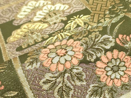 平和屋着物●六通柄袋帯 唐織 変わり市松亀甲花松文 金糸 正絹 逸品 DAAY0344ob