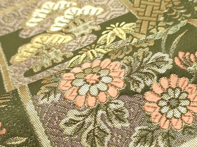 平和屋着物●六通柄袋帯 唐織 変わり市松亀甲花松文 金糸 正絹 逸品 DAAY0344ob