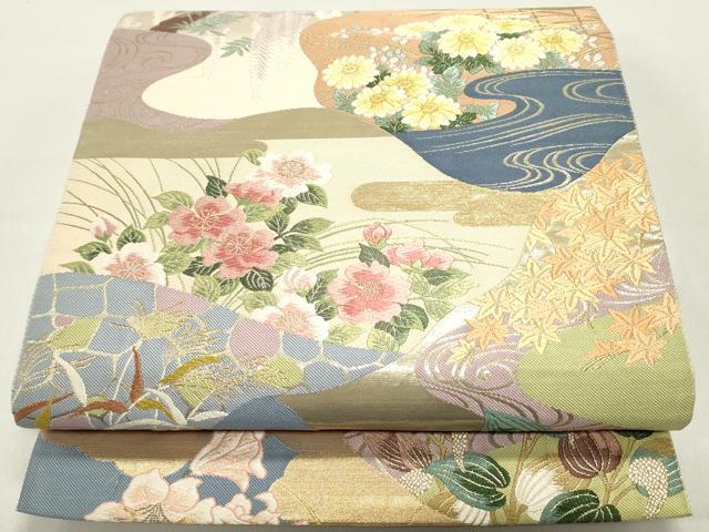 平和屋着物●六通柄袋帯 唐織 切嵌 流水草花文 金糸 正絹 逸品 DAAY0361ob