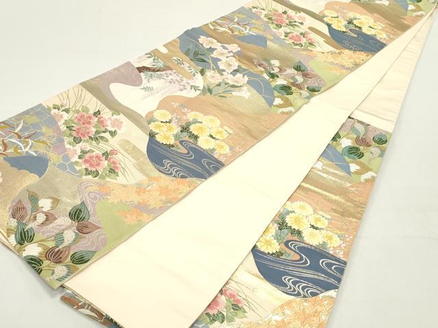 平和屋着物●六通柄袋帯 唐織 切嵌 流水草花文 金糸 正絹 逸品 DAAY0361ob