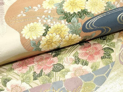 平和屋着物●六通柄袋帯 唐織 切嵌 流水草花文 金糸 正絹 逸品 DAAY0361ob