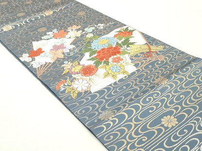 平和屋着物●六通柄袋帯　唐織　流水檜扇草花文　金糸　正絹　逸品　DAAY0362ob