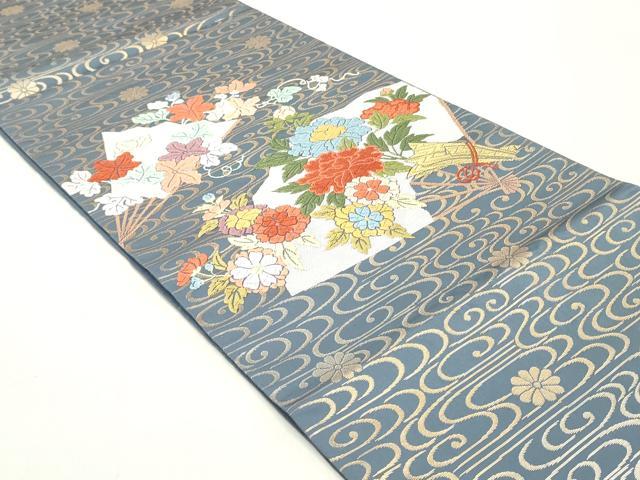 平和屋着物●六通柄袋帯　唐織　流水檜扇草花文　金糸　正絹　逸品　DAAY0362ob