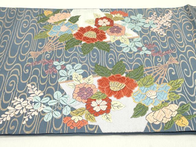 平和屋着物●六通柄袋帯　唐織　流水檜扇草花文　金糸　正絹　逸品　DAAY0362ob