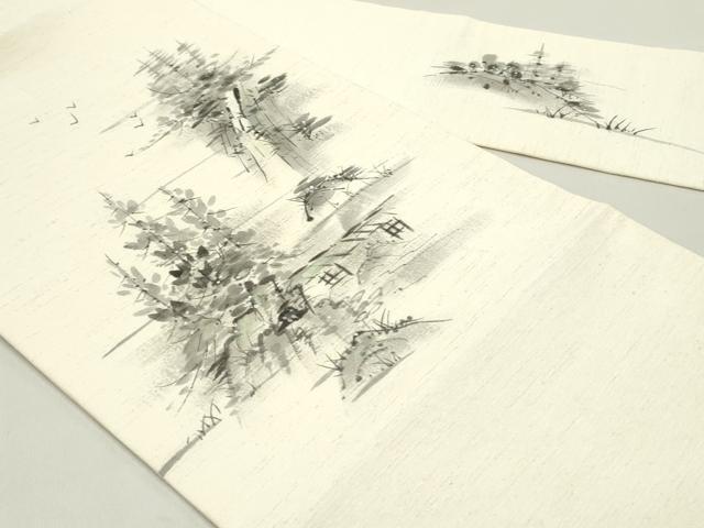 平和屋着物●塩瀬　九寸名古屋帯　作家物　手描き　紬地　風景鳥文　象牙色　正絹　逸品　DAAY0373ob