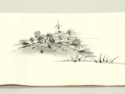 平和屋着物●塩瀬　九寸名古屋帯　作家物　手描き　紬地　風景鳥文　象牙色　正絹　逸品　DAAY0373ob