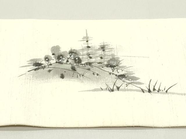 平和屋着物●塩瀬　九寸名古屋帯　作家物　手描き　紬地　風景鳥文　象牙色　正絹　逸品　DAAY0373ob