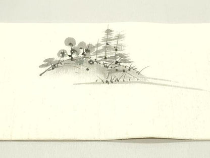 平和屋着物●塩瀬　九寸名古屋帯　作家物　手描き　紬地　風景鳥文　象牙色　正絹　逸品　DAAY0373ob