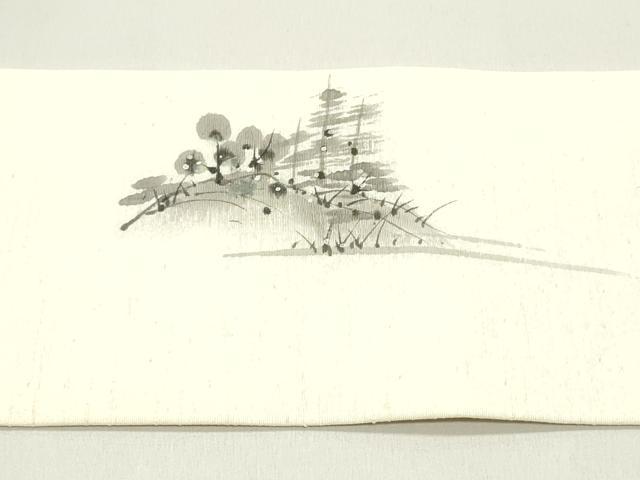平和屋着物●塩瀬　九寸名古屋帯　作家物　手描き　紬地　風景鳥文　象牙色　正絹　逸品　DAAY0373ob