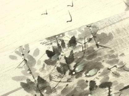 平和屋着物●塩瀬　九寸名古屋帯　作家物　手描き　紬地　風景鳥文　象牙色　正絹　逸品　DAAY0373ob