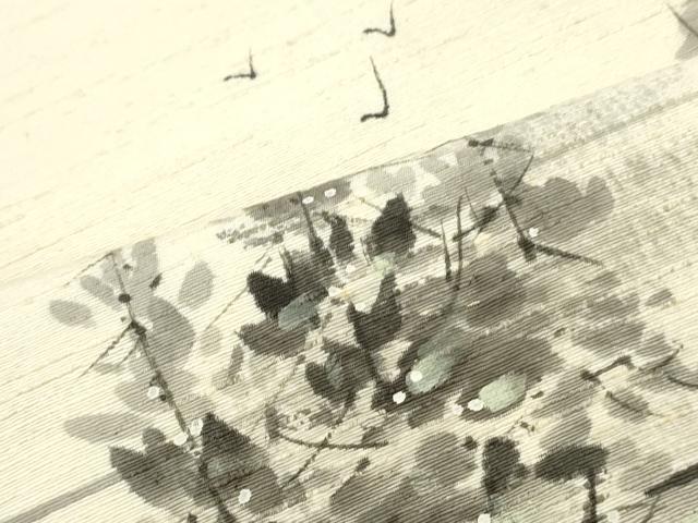 平和屋着物●塩瀬　九寸名古屋帯　作家物　手描き　紬地　風景鳥文　象牙色　正絹　逸品　DAAY0373ob