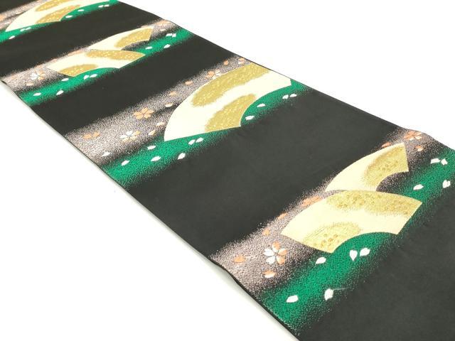 平和屋着物●六通柄袋帯　唐織　地紙重ね舞桜文　黒地　金糸　正絹　逸品　DAAY0377ob