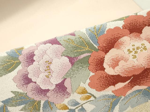 【専用ページ】名古屋帯　爪掻き本綴れ　花兎　正絹 平和屋着物○爪掻き本綴れ 八寸名古屋帯 地紙重ね草花