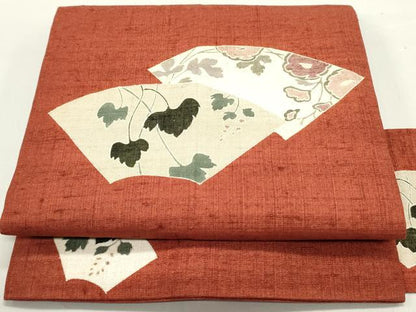 平和屋着物●九寸名古屋帯　生紬　地紙重ね蔦の葉花文　正絹　逸品　DAAY0423ob
