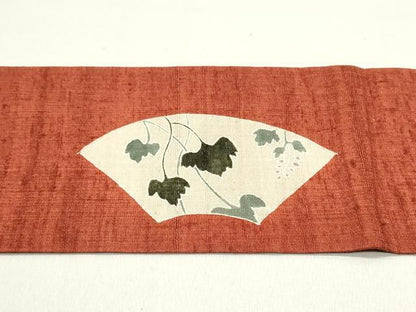 平和屋着物●九寸名古屋帯　生紬　地紙重ね蔦の葉花文　正絹　逸品　DAAY0423ob