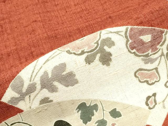 平和屋着物●九寸名古屋帯　生紬　地紙重ね蔦の葉花文　正絹　逸品　DAAY0423ob