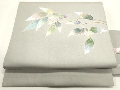 平和屋着物●塩瀬　九寸名古屋帯　友禅　作家物　南天枝葉文　正絹　逸品　DAAY0424ob
