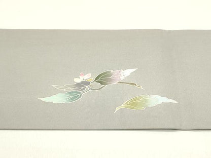 平和屋着物●塩瀬　九寸名古屋帯　友禅　作家物　南天枝葉文　正絹　逸品　DAAY0424ob