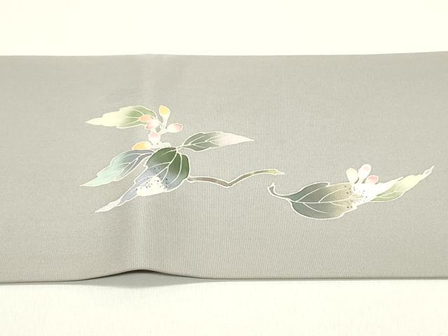 平和屋着物●塩瀬　九寸名古屋帯　友禅　作家物　南天枝葉文　正絹　逸品　DAAY0424ob