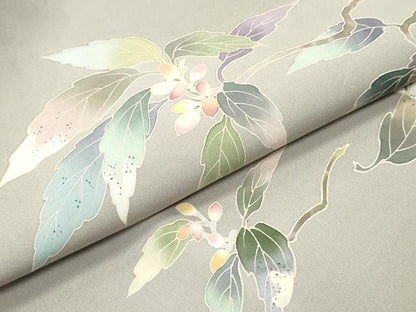 平和屋着物●塩瀬　九寸名古屋帯　友禅　作家物　南天枝葉文　正絹　逸品　DAAY0424ob